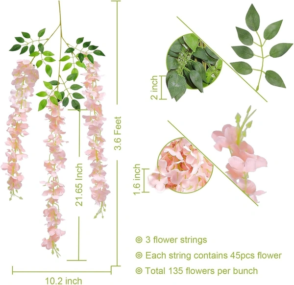 Indian Aesthetica Artificial Wisteria Vine – Fake Wisteria Peach Hanging Garland | Silk Long Hanging Flowers String for Home, Party & Wedding Décor – White (Pack of 12, 43.5 Inches Each) - 43.5 Inches (110 cm), Peach