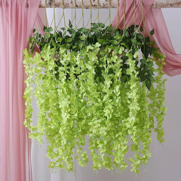 Indian Aesthetica Artificial Wisteria Vine – Fake Wisteria Green Hanging Garland | Silk Long Hanging Flowers String for Home, Party & Wedding Décor – White (Pack of 12, 43.5 Inches Each) - 43.5 Inches (110 cm), Lime Green