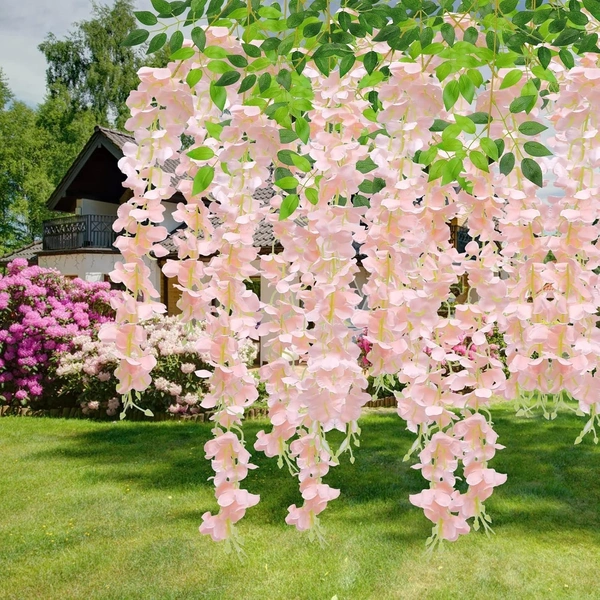 Indian Aesthetica Artificial Wisteria Vine – Fake Wisteria Peach Hanging Garland | Silk Long Hanging Flowers String for Home, Party & Wedding Décor – White (Pack of 12, 43.5 Inches Each) - 43.5 Inches (110 cm), Peach