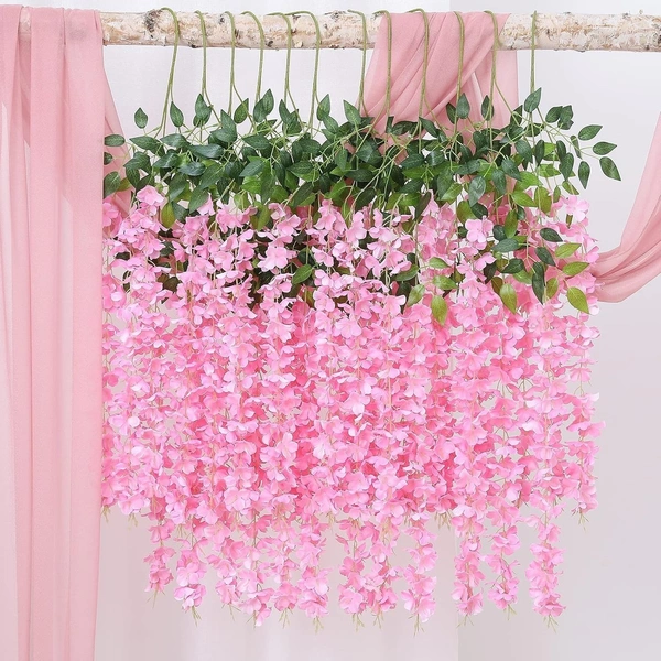 Indian Aesthetica Artificial Wisteria Vine – Fake Wisteria Light Pink Hanging Garland | Silk Long Hanging Flowers String for Home, Party & Wedding Décor – Light Pink (Pack of 12, 43.5 Inches Each) - 43.5 Inches (110 cm), Light Pink