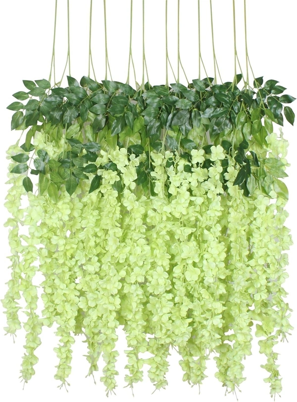 Indian Aesthetica Artificial Wisteria Vine – Fake Wisteria Green Hanging Garland | Silk Long Hanging Flowers String for Home, Party & Wedding Décor – White (Pack of 12, 43.5 Inches Each) - 43.5 Inches (110 cm), Lime Green