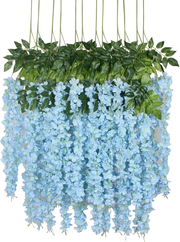 Indian Aesthetica Artificial Wisteria Vine – Fake Wisteria Blue Hanging Garland | Silk Long Hanging Flowers String for Home, Party & Wedding Décor – Blue (Pack of 12, 43.5 Inches Each) - 43.5 Inches (110 cm), Blue