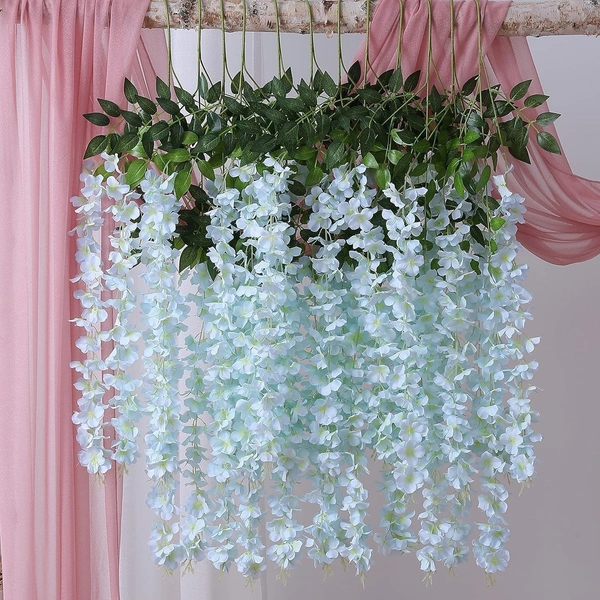 Indian Aesthetica Artificial Wisteria Vine – Fake Wisteria Blue Hanging Garland | Silk Long Hanging Flowers String for Home, Party & Wedding Décor – Blue (Pack of 12, 43.5 Inches Each) - 43.5 Inches (110 cm), Blue