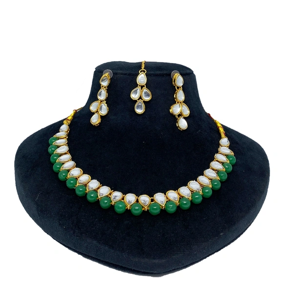 Kraftify Green Kundan Stylish Necklace Set for Women Wedding Traditional Jewellery Set with Earring and Mangteeka for Women and Girls.
