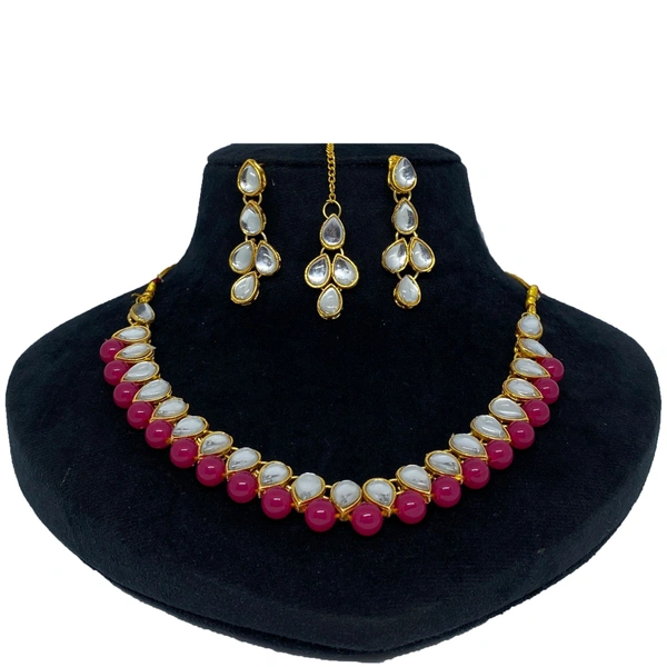 Kraftify Pink Kundan Stylish Necklace Set for Women Wedding Traditional Jewellery Set with Earring and Mangteeka for Women and Girls.