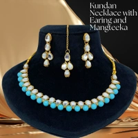 Kraftify Blue Kundan Stylish Necklace Set for Women Wedding Traditional Jewellery Set with Earring and Mangteeka for Women and Girls.