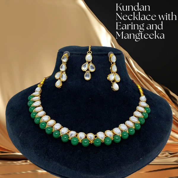 Kraftify Green Kundan Stylish Necklace Set for Women Wedding Traditional Jewellery Set with Earring and Mangteeka for Women and Girls.
