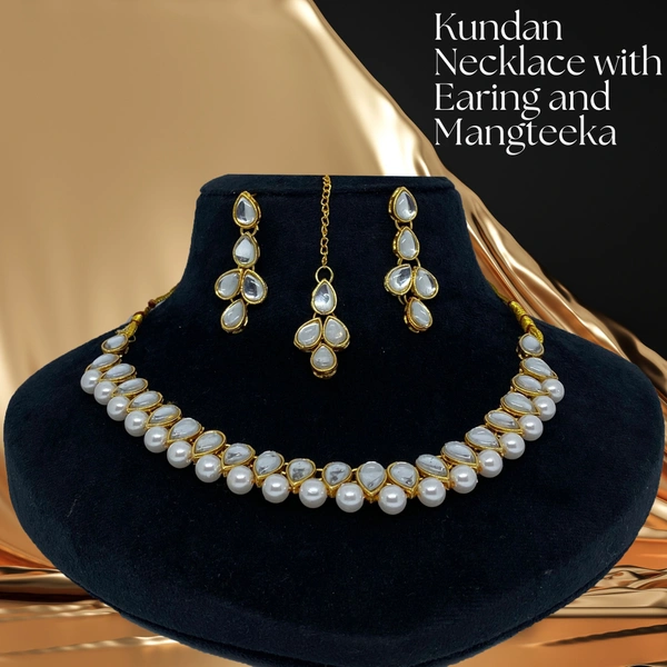 Kraftify White Kundan Stylish Necklace Set for Women Wedding Traditional Jewellery Set with Earring and Mangteeka for Women and Girls.