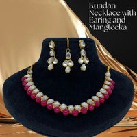 Kraftify Pink Kundan Stylish Necklace Set for Women Wedding Traditional Jewellery Set with Earring and Mangteeka for Women and Girls.