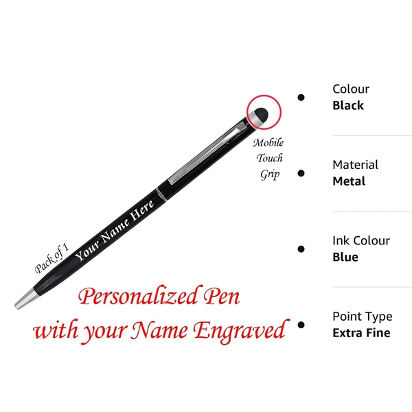 Kraftify Personalized Pen with Name Printed (Engraved) on and with top Mobile Touch . - Pack of 15