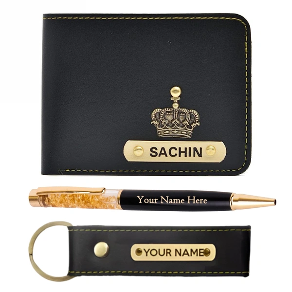 Kraftify Personalized Men's Name Wallet, Keychain, and Pen Combo Gift Set - Black