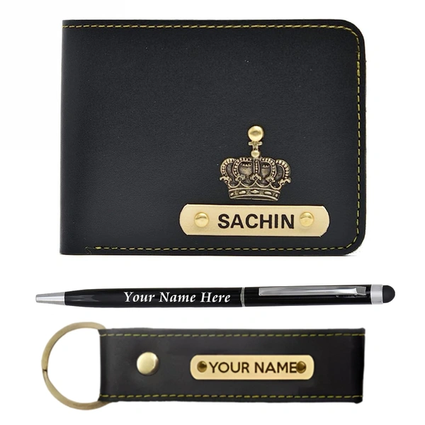 Kraftify Personalized Men's Name Wallet, Keychain, and Pen Combo Gift Set - Black