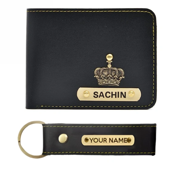 Kraftify Personalized Men's Name Wallet and Keychain Combo Gift Set - Black