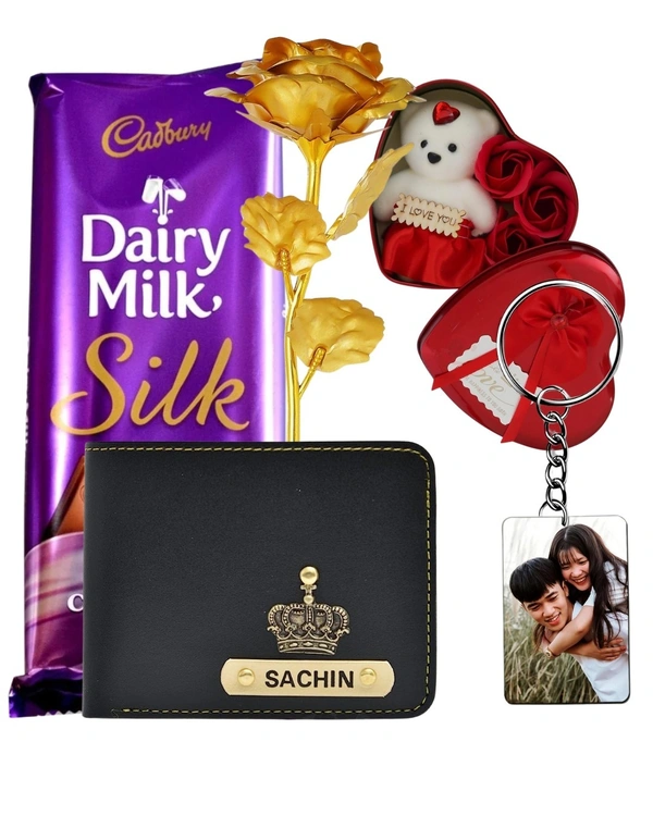 Kraftify Valentine Day Combo Gold Rose Taddy Box Personalized Wallet and Chocalate Combo Gift Set.`