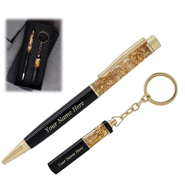 Cybe Personalized Pen and Keychain Combo with Name Printed (Engraved) on Both for Gifting - Model - Gold 05