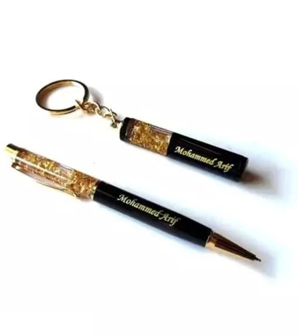 Cybe Personalized Pen and Keychain Combo with Name Printed (Engraved) on Both for Gifting - Model - Gold 07
