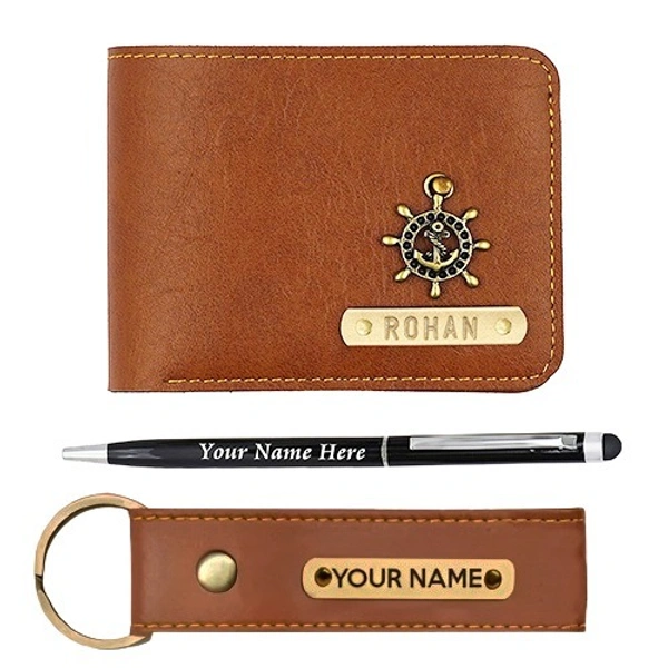 Kraftify Personalized Men's Name Wallet, Keychain, and Pen Combo Gift Set - Tan