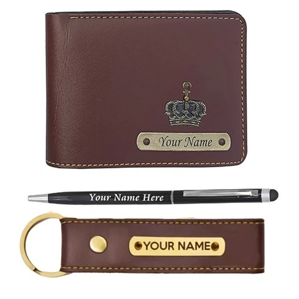 Kraftify Personalized Men's Name Wallet, Keychain, and Pen Combo Gift Set - Dark Brown