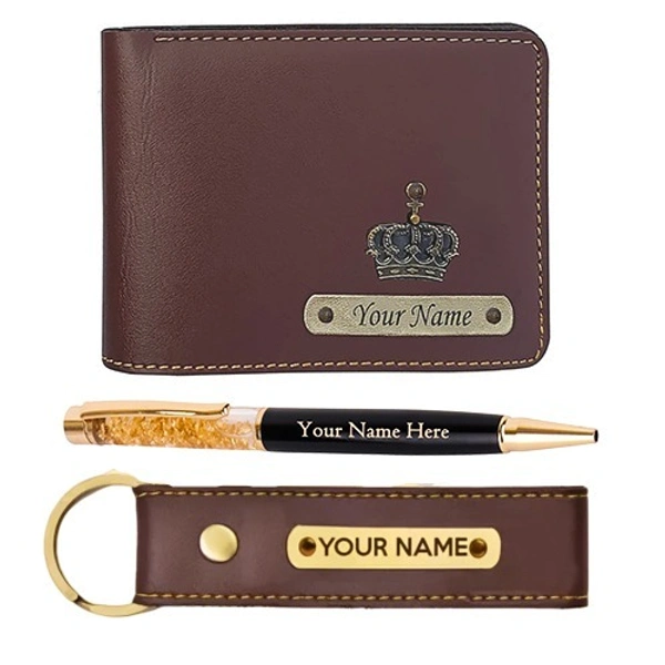 Kraftify Personalized Men's Name Wallet, Keychain, and Pen Combo Gift Set - Dark Brown