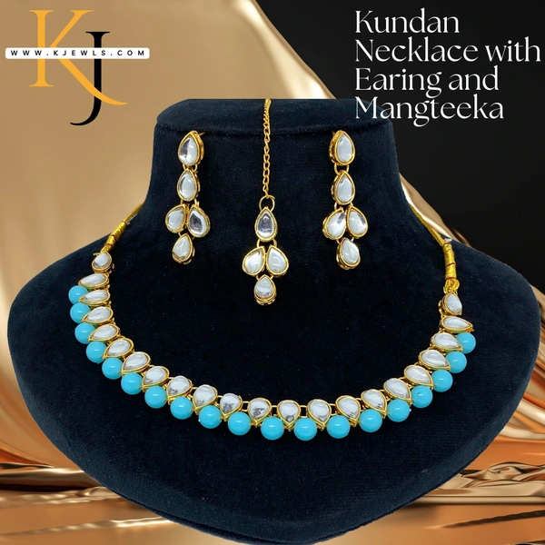 Kraftify Blue Kundan Stylish Necklace Set for Women Wedding Traditional Jewellery Set with Earring and Mangteeka for Women and Girls.