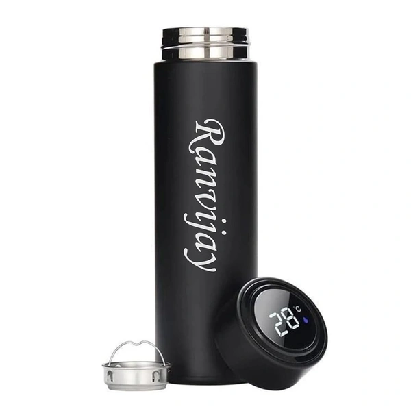 Kraftify Personalized Stainless Steel LED Temperature Water Bottle with Your Name Permanently Engraved with Temperature Display - Black