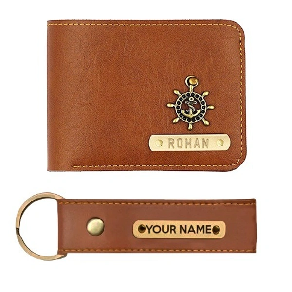 Kraftify Personalized Men's Name Wallet and Keychain Combo Gift Set - Tan