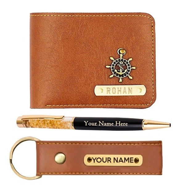 Kraftify Personalized Men's Name Wallet, Keychain, and Pen Combo Gift Set - Tan