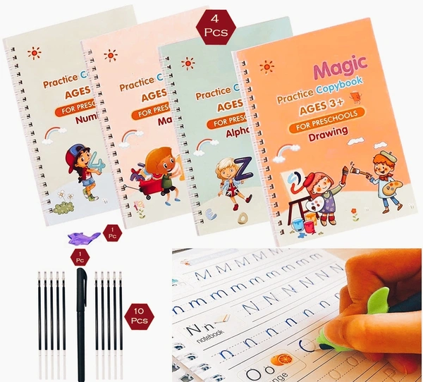 Magic Practice Copybook Set – 4 Reusable Handwriting Books + 10 Refills + 1 Pen + 1 Grip | Number & Letter Tracing for Kids, Calligraphy & Writing Practice