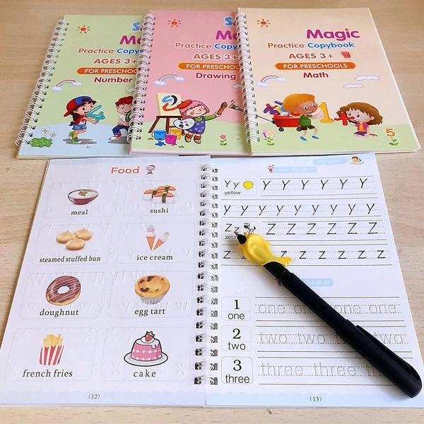 Magic Practice Copybook Set – 4 Reusable Handwriting Books + 10 Refills + 1 Pen + 1 Grip | Number & Letter Tracing for Kids, Calligraphy & Writing Practice