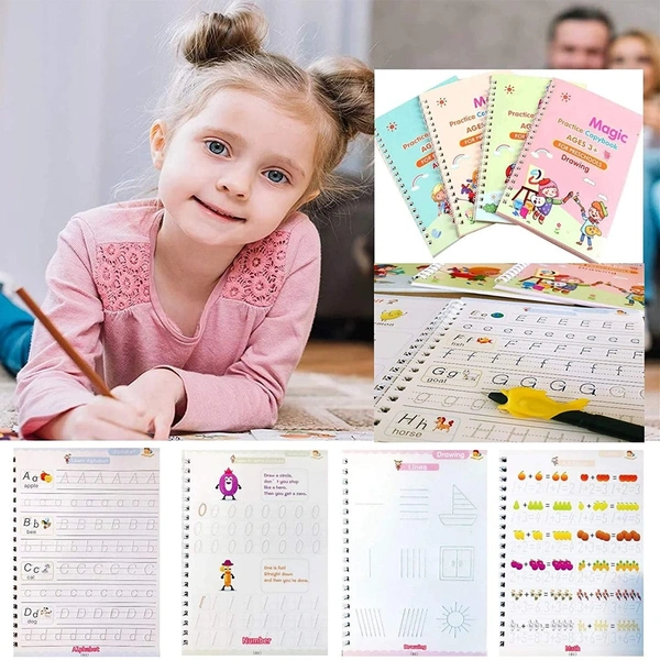 Magic Practice Copybook Set – 4 Reusable Handwriting Books + 10 Refills + 1 Pen + 1 Grip | Number & Letter Tracing for Kids, Calligraphy & Writing Practice