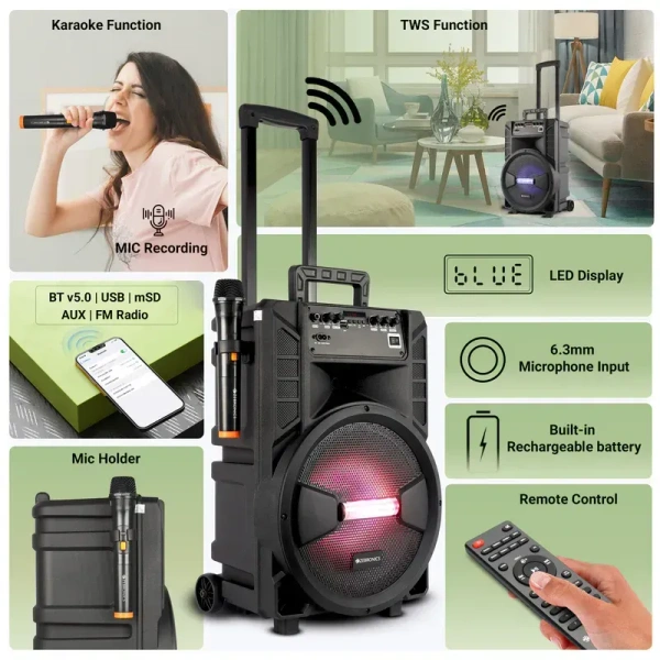 Zebronics Octane 100 Trolley speaker - Trolly DJ Speaker |BT v 5.0|USB|AUX|FM radio|wireless mic