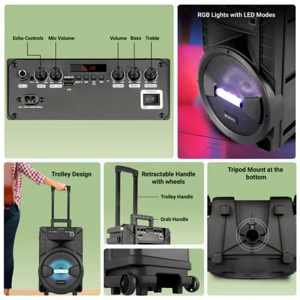 Zebronics Octane 100 Trolley speaker - Trolly DJ Speaker |BT v 5.0|USB|AUX|FM radio|wireless mic