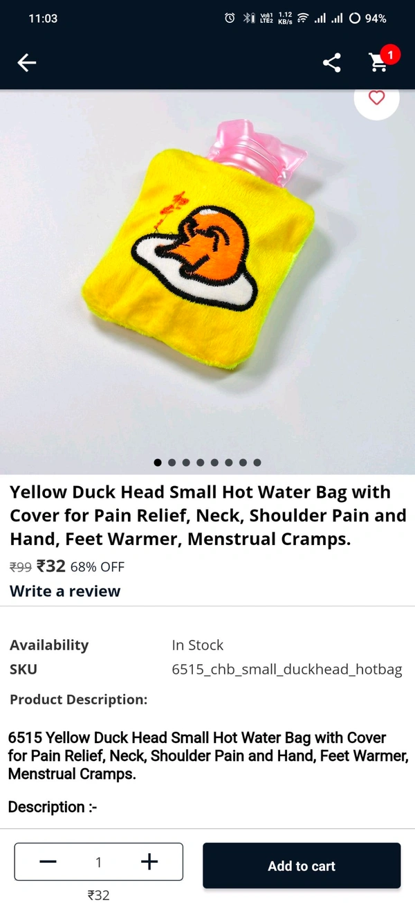 Yellow Duck Head Small Hot Water Bag with Cover for Pain Relief, Neck, Shoulder Pain and Hand, Feet Warmer, Menstrual Cramps.