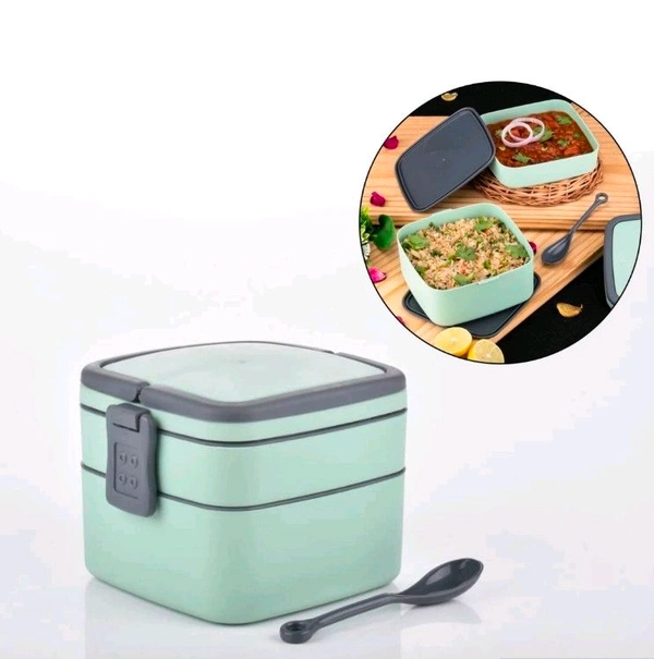 GREEN DOUBLE-LAYER PORTABLE LUNCH BOX STACKABLE WITH CARRYING HANDLE AND SPOON LUNCH BOX, Bento Lunch Box