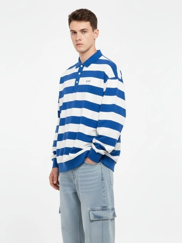 POLO NECK STRIPED KNIT SWEATSHIRT - M, BLUE WITH WHITE