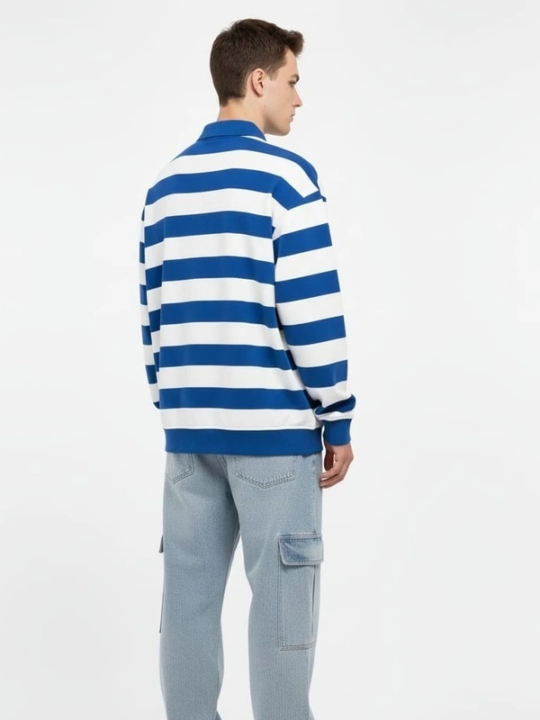 POLO NECK STRIPED KNIT SWEATSHIRT - M, BLUE WITH WHITE