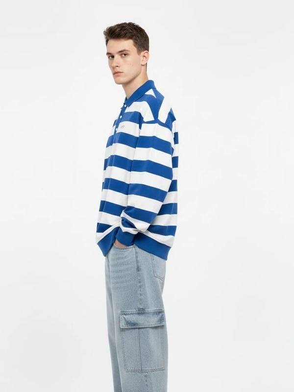POLO NECK STRIPED KNIT SWEATSHIRT - M, BLUE WITH WHITE