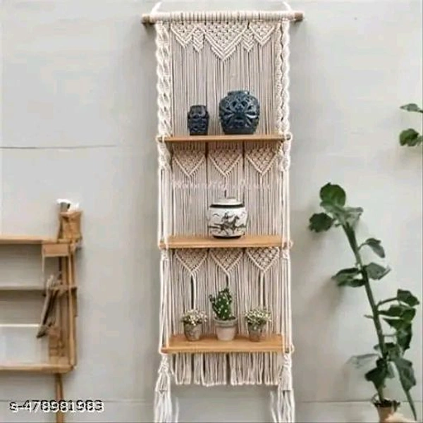 Nobel PCENFAP023 Handicraft Handmade Macrame 3-Tier Wall Hanging Shelf – Boho Chic Design with Wooden Shelves for Plants, Books, and Decor
 