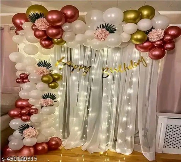 White PCENFAP028 Net Curtain With Led Light Happy Birthday Decoration Kit Combo (29pcs) With White Net Cloth (1pc) Led Light (1pc) Happy Birthday banner (1 set) Metallic Balloons & Ribbon for Boy - Design 1