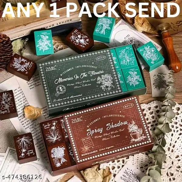 8PC PCENFAP078 Spray Shadow Series Retro Floral Plant Wooden Seal Stamp Pack Diy Scrapbooking, Crafts & Stationery Fun Seal Stamp (PACK OF 8PC)
- Combo Design 3