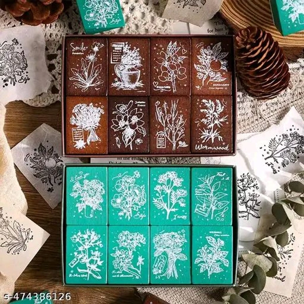 8PC PCENFAP078 Spray Shadow Series Retro Floral Plant Wooden Seal Stamp Pack Diy Scrapbooking, Crafts & Stationery Fun Seal Stamp (PACK OF 8PC)
- Combo Design 3
