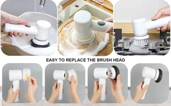 5 in 1 Magic Brush Nylon Bathtub Electric Multi-Functional Household Cleaning Brush USB Rechargeable Tiles Cleaning Brushes with 3 Brush Heads Cleaning Supplies Spin Scrubber (Multicolor)