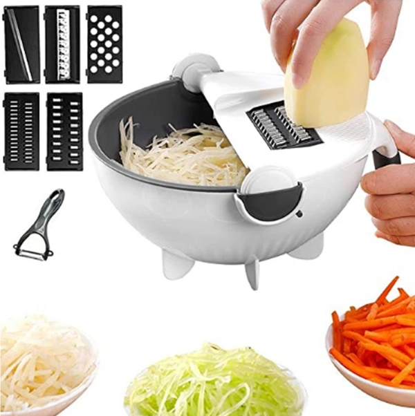 daily days Wet Basket 9 in 1 Vegetable Cutter with Drain Wet Basket Kitchen Shredder Grater Slicer Magic Multifunctional Rotate Vegetable Cutter