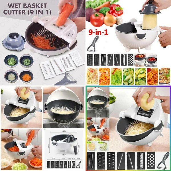 daily days Wet Basket 9 in 1 Vegetable Cutter with Drain Wet Basket Kitchen Shredder Grater Slicer Magic Multifunctional Rotate Vegetable Cutter