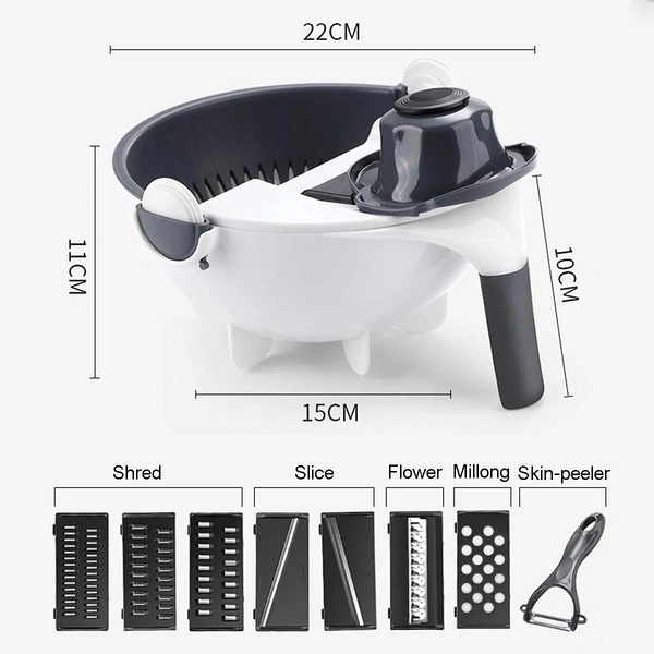 daily days Wet Basket 9 in 1 Vegetable Cutter with Drain Wet Basket Kitchen Shredder Grater Slicer Magic Multifunctional Rotate Vegetable Cutter