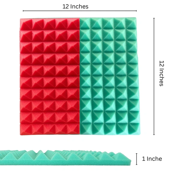 URBAN-X Pyramid Soundproofing Studio Acoustic Foam 1'x1' - 1 Inches 50D High Density, Soundproof Foam, Noise Reduction Panels, Echo Absorption - Pack of 108 + 2 Adhesive Spray, Aqua Green and Red, 25mm Thickness
