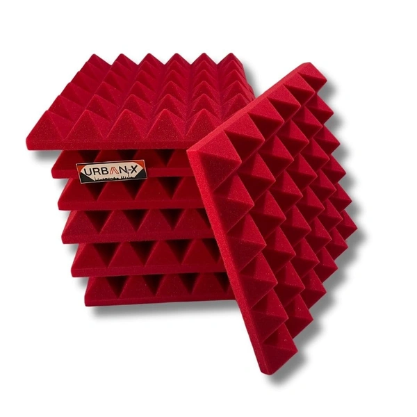 Urban-X URBAN-X® Pyramid Soundproofing Studio Acoustic Foam 1'x1' ft. - 2 Inches 50D High Density, Soundproof Foam, Noise Reduction Panels, Echo Absorption - Set of 6, Red