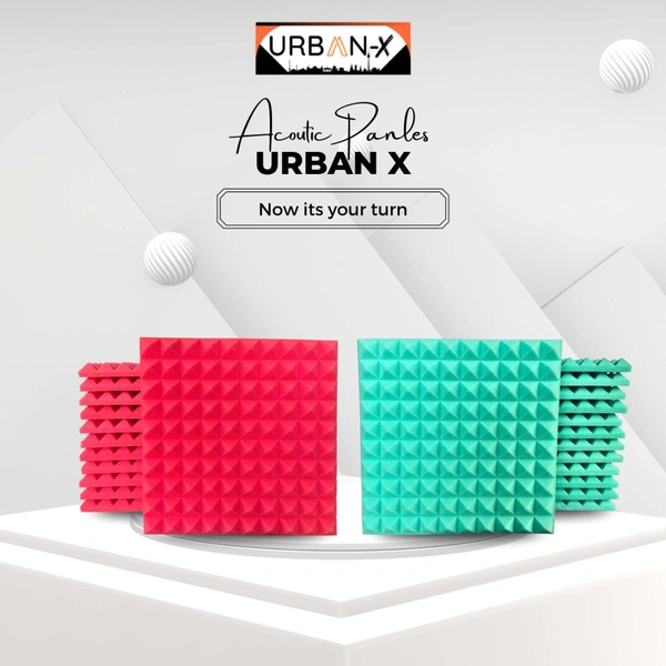 URBAN-X Pyramid Soundproofing Studio Acoustic Foam 1'x1' - 1 Inches 50D High Density, Soundproof Foam, Noise Reduction Panels, Echo Absorption - Pack of 108 + 2 Adhesive Spray, Aqua Green and Red, 25mm Thickness