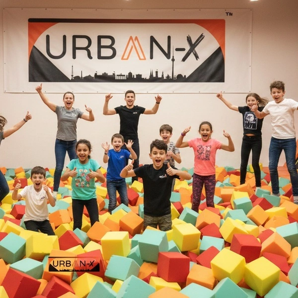 URBAN-X® Soft Foam Cubes, Colorful Flame Retardant Pit Blocks Foam Pit Cubes for Trampoline Arenas, Gymnastics, Playground, 6"x6"x6" (Black, Blue, Pink, Yellow) - Set of 20