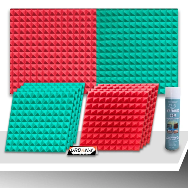 URBAN-X Pyramid Soundproofing Studio Acoustic Foam 1'x1' - 1 Inches 50D High Density, Soundproof Foam, Noise Reduction Panels, Echo Absorption - Pack of 108 + 2 Adhesive Spray, Aqua Green and Red, 25mm Thickness